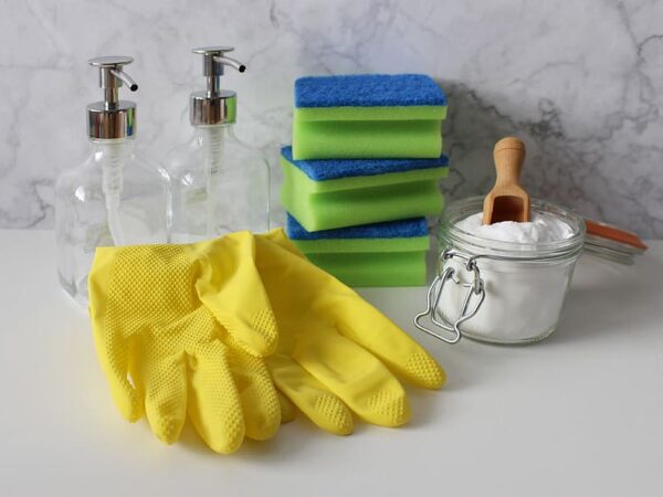 Cleaning supplies on a counter