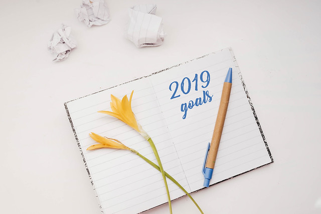 Top view of open notebook “2019 goals”